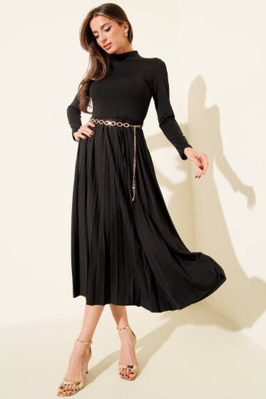 Balıkçı Yaka Pileli Midi Elbise Siyah - Günün Seçilenleri