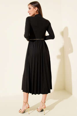 Balıkçı Yaka Pileli Midi Elbise Siyah - Günün Seçilenleri