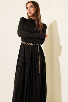 Balıkçı Yaka Pileli Midi Elbise Siyah - Kadın Giyim Modelleri