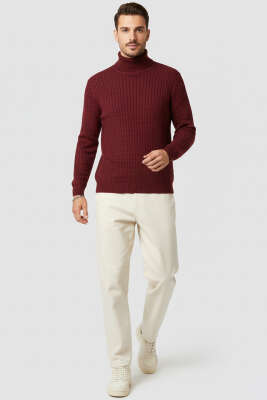 Balıkçı Yaka Saç Örgü Erkek Kazak Bordo - Erkek Kazak