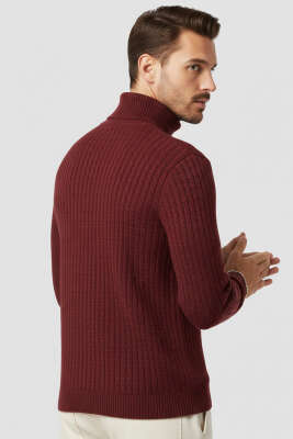 Balıkçı Yaka Saç Örgü Erkek Kazak Bordo - Erkek Kazak