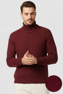 Balıkçı Yaka Saç Örgü Erkek Kazak Bordo - BEKTAŞ