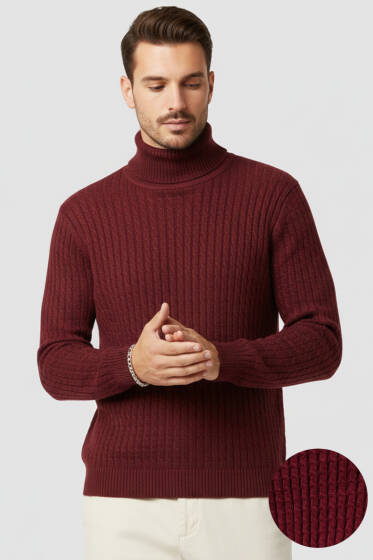 Balıkçı Yaka Saç Örgü Erkek Kazak Bordo - Erkek Kazak