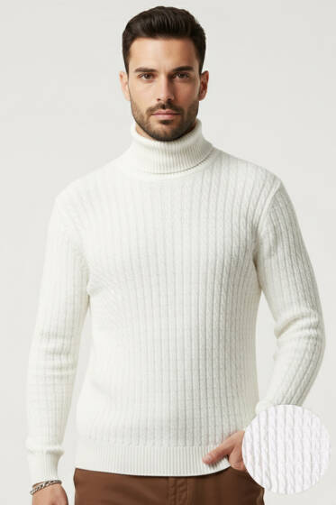 Balıkçı Yaka Saç Örgü Erkek Kazak Ekru - Erkek Kazak