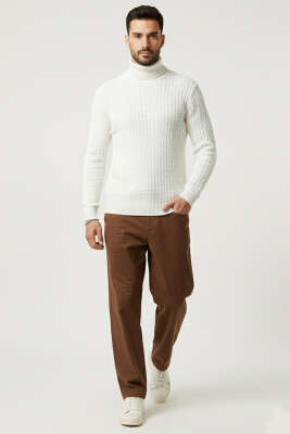 Balıkçı Yaka Saç Örgü Erkek Kazak Ekru - Erkek Kazak