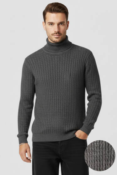 Balıkçı Yaka Saç Örgü Erkek Kazak Füme - Erkek Kazak