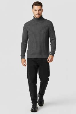 Balıkçı Yaka Saç Örgü Erkek Kazak Füme - Erkek Kazak