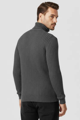 Balıkçı Yaka Saç Örgü Erkek Kazak Füme - Erkek Kazak