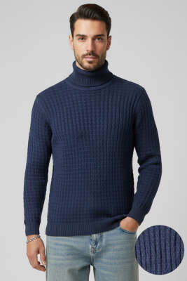 Balıkçı Yaka Saç Örgü Erkek Kazak İndigo - BEKTAŞ