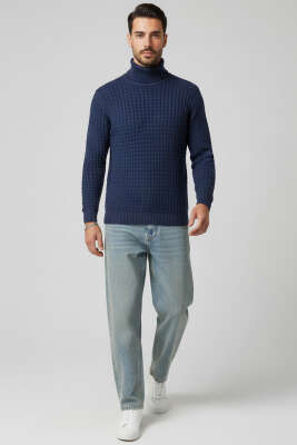 Balıkçı Yaka Saç Örgü Erkek Kazak İndigo - Erkek Kazak