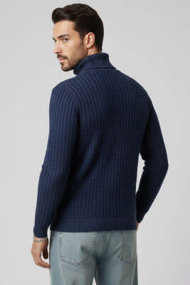 Balıkçı Yaka Saç Örgü Erkek Kazak İndigo - Erkek Kazak