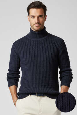 Balıkçı Yaka Saç Örgü Erkek Kazak Lacivert - BEKTAŞ