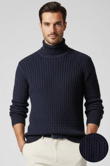 Balıkçı Yaka Saç Örgü Erkek Kazak Lacivert - Erkek Kazak