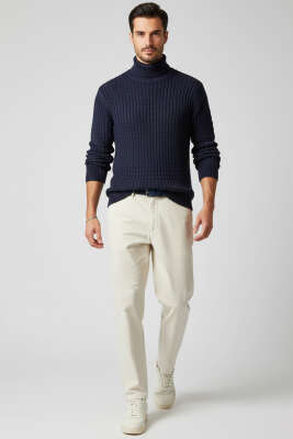 Balıkçı Yaka Saç Örgü Erkek Kazak Lacivert - Erkek Kazak