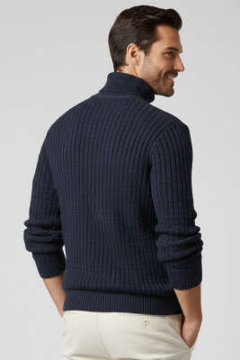 Balıkçı Yaka Saç Örgü Erkek Kazak Lacivert - Erkek Kazak