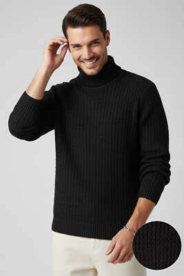 Balıkçı Yaka Saç Örgü Erkek Kazak Siyah - BEKTAŞ