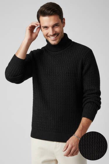 Balıkçı Yaka Saç Örgü Erkek Kazak Siyah - Erkek Kazak