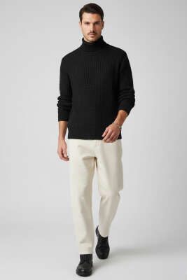 Balıkçı Yaka Saç Örgü Erkek Kazak Siyah - Erkek Kazak