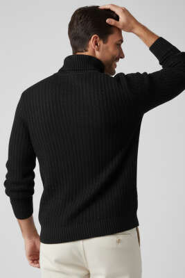 Balıkçı Yaka Saç Örgü Erkek Kazak Siyah - Erkek Kazak