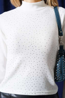 Balıkçı Yaka Taşlı Kaşkorse Body Beyaz - Kadın Giyim Modelleri