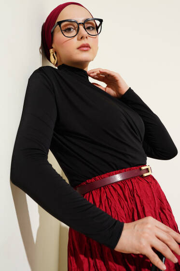 Balıkçı Yaka Yan Büzgülü Sandy Bluz Siyah - Bluz
