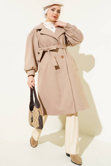 	 Balıksırtı Desen Balon Kol Kaşe Kaban Camel - Kaban