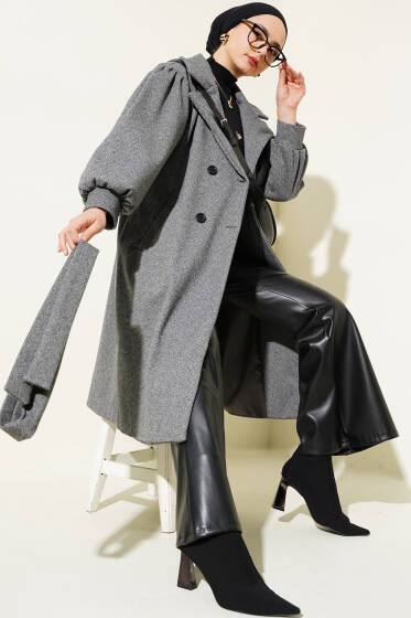 	 Balıksırtı Desen Balon Kol Kaşe Kaban Füme - Kaban