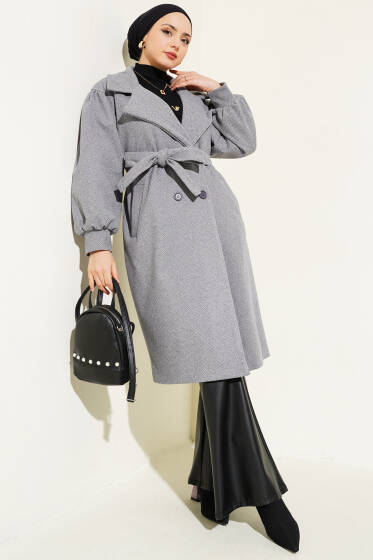 	 Balıksırtı Desen Balon Kol Kaşe Kaban Gri - Kaban