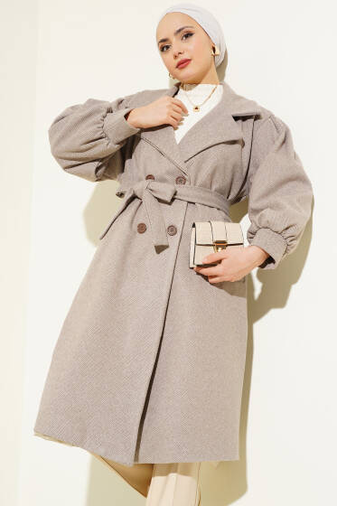 Balıksırtı Desen Balon Kol Kaşe Kaban Soft Kahve - Kaban