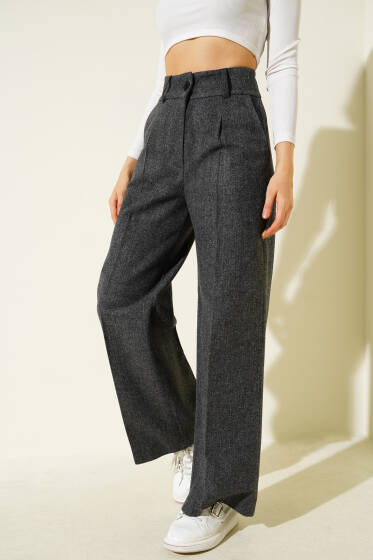 Balıksırtı Kaşe Bol Paça Pantolon Antrasit - Kadın Giyim Modelleri