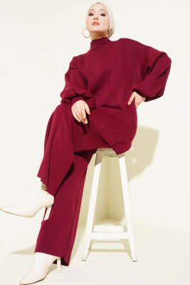 Balon Kol Balıkçı Yaka Triko İkili Takım Bordo - KILIÇ TRİKO