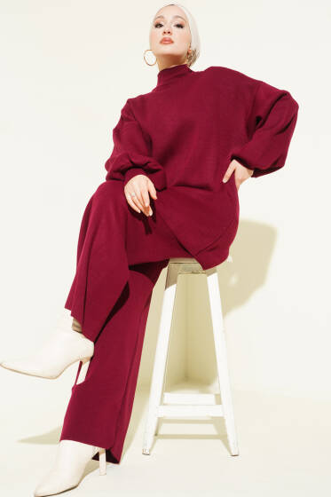 Balon Kol Balıkçı Yaka Triko İkili Takım Bordo - İkili Takım