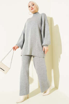 Balon Kol Balıkçı Yaka Triko İkili Takım Gri - KILIÇ TRİKO