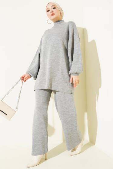 Balon Kol Balıkçı Yaka Triko İkili Takım Gri - İkili Takım