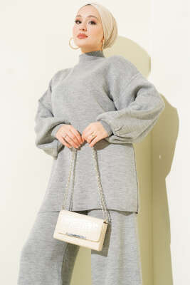 Balon Kol Balıkçı Yaka Triko İkili Takım Gri - İkili Takım