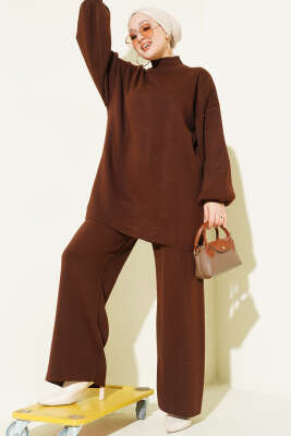 Balon Kol Balıkçı Yaka Triko İkili Takım Kahve - KILIÇ TRİKO