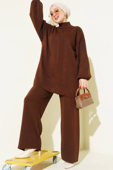 Balon Kol Balıkçı Yaka Triko İkili Takım Kahve - İkili Takım