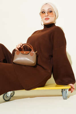 Balon Kol Balıkçı Yaka Triko İkili Takım Kahve - İkili Takım