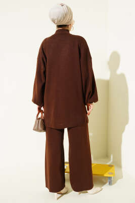 Balon Kol Balıkçı Yaka Triko İkili Takım Kahve - İkili Takım