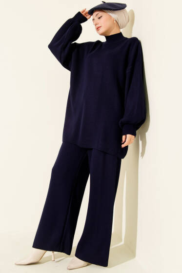 Balon Kol Balıkçı Yaka Triko İkili Takım Lacivert - İkili Takım