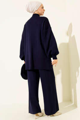 Balon Kol Balıkçı Yaka Triko İkili Takım Lacivert - İkili Takım