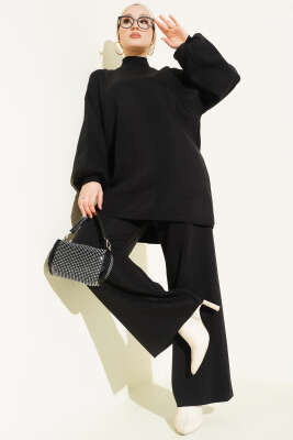 Balon Kol Balıkçı Yaka Triko İkili Takım Siyah - KILIÇ TRİKO