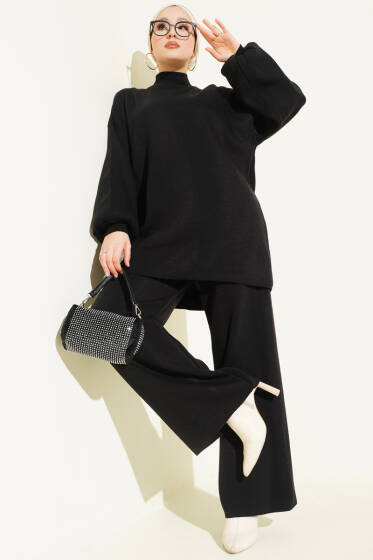 Balon Kol Balıkçı Yaka Triko İkili Takım Siyah - İkili Takım