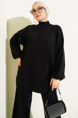 Balon Kol Balıkçı Yaka Triko İkili Takım Siyah - İkili Takım