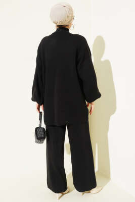 Balon Kol Balıkçı Yaka Triko İkili Takım Siyah - İkili Takım