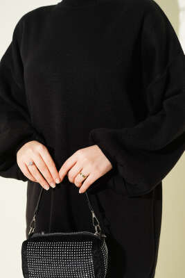 Balon Kol Balıkçı Yaka Triko İkili Takım Siyah - İkili Takım