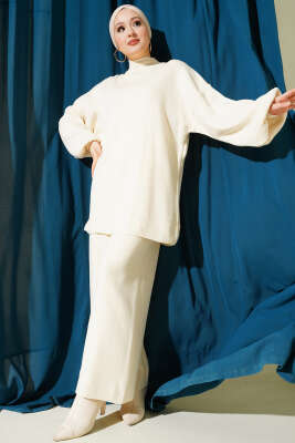 Balon Kol Balıkçı Yaka Triko İkili Takım Taş - KILIÇ TRİKO