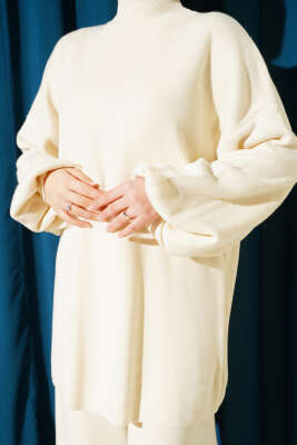 Balon Kol Balıkçı Yaka Triko İkili Takım Taş - İkili Takım