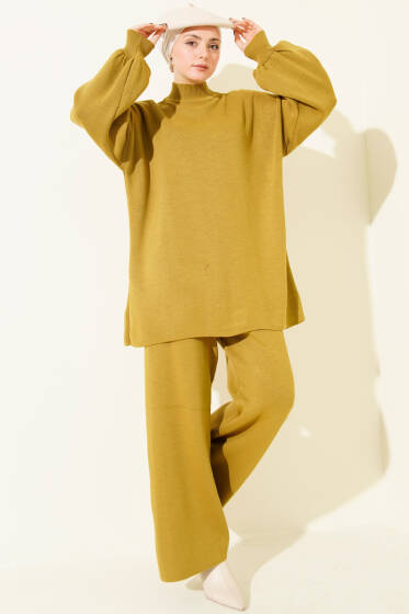 Balon Kol Balıkçı Yaka Triko İkili Takım Yağ Yeşili - İkili Takım