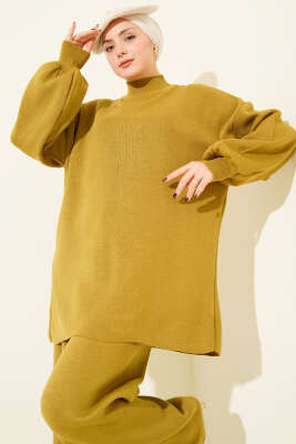 Balon Kol Balıkçı Yaka Triko İkili Takım Yağ Yeşili - İkili Takım